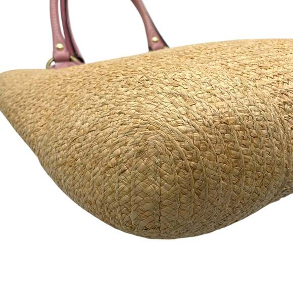 Coach 13373 Women's Straw Tote Bag with Tea Rose Flower Charm, Beige and Pink... - Picture 10 of 16